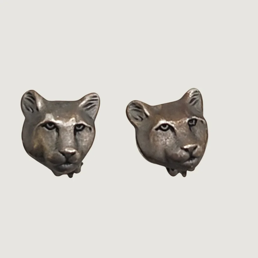 Vintage Mountain Lion Cougar Clip On Earrings Antiqued Silver Tone Southwestern